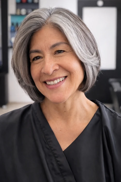 Mujer sonriendo con nuevo corte de cabello moderno en salón de belleza